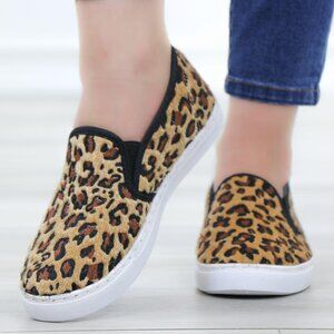 Leopard Print Slip On Sneakers White Sole Black Trim Casual Style